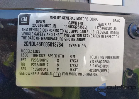 2008 Chevrolet Equinox Lt из США, поврежденный, VIN 2CNDL43F086013734